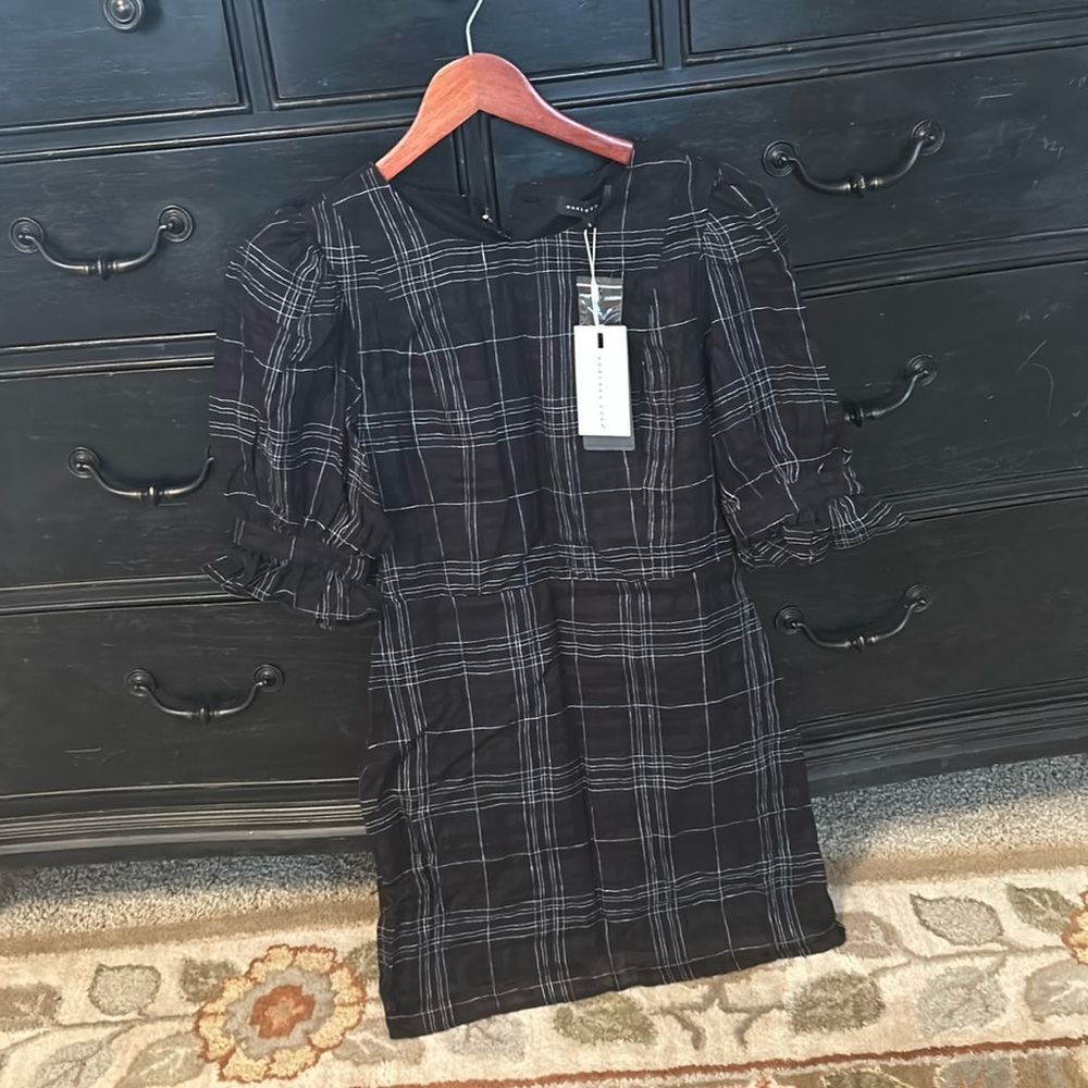 Endless Rose NWT Black Check Print Linen Short Puff Sleeves Mini Dress Size L